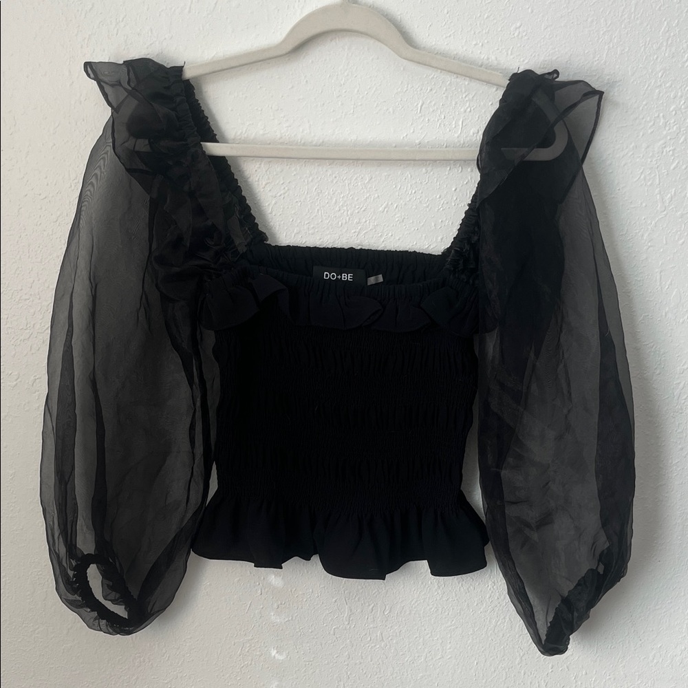 DO+BE Black Ruffled Sheer Sleeve Blouse